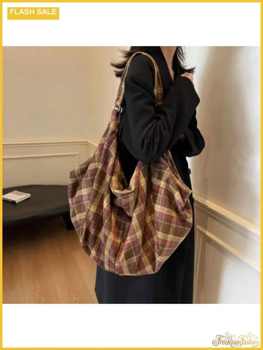 Woolen Plaid Tote Bag - Large Slouchy Hobo Shoulder Purse